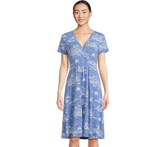 L.L. Bean Women’s 1X Summer Knit Blue White Print Graphic Short Sleeve Dress